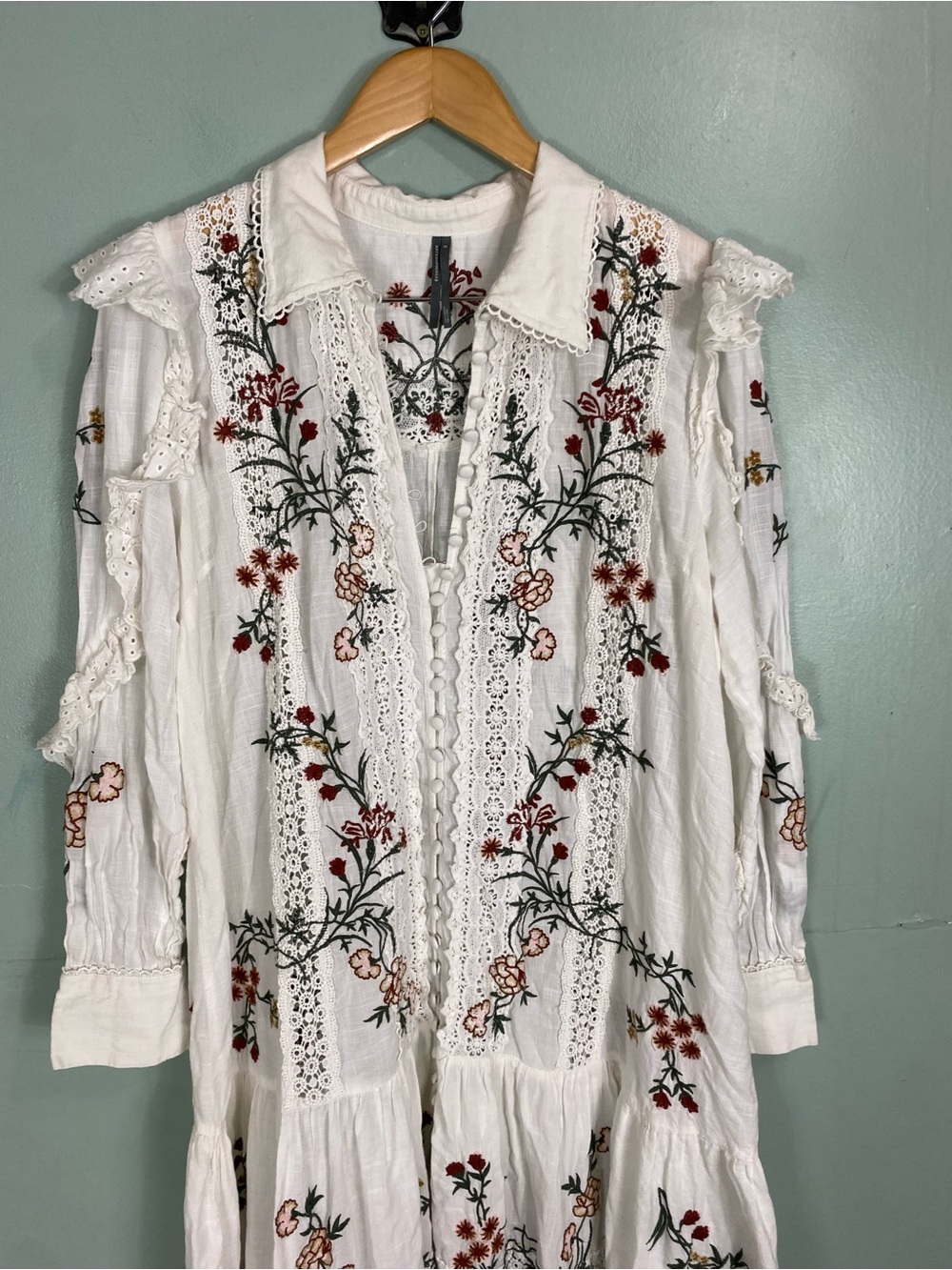 Anthropologie Long-Sleeve V-Neck Eyelet Midi Dress XL White Floral - Picture 3 of 10